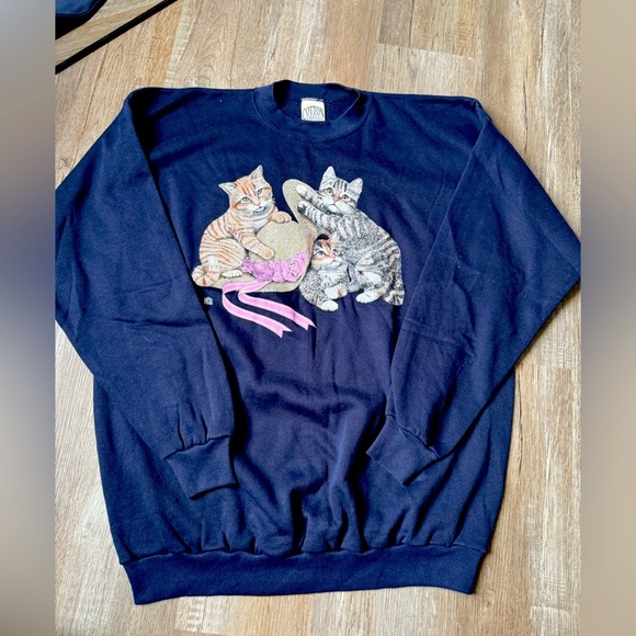 VTG Cotton Grove Cat Kitten Sweatshirt Crewneck Navy Blue Size XL 2XL COMFY - Picture 1 of 7
